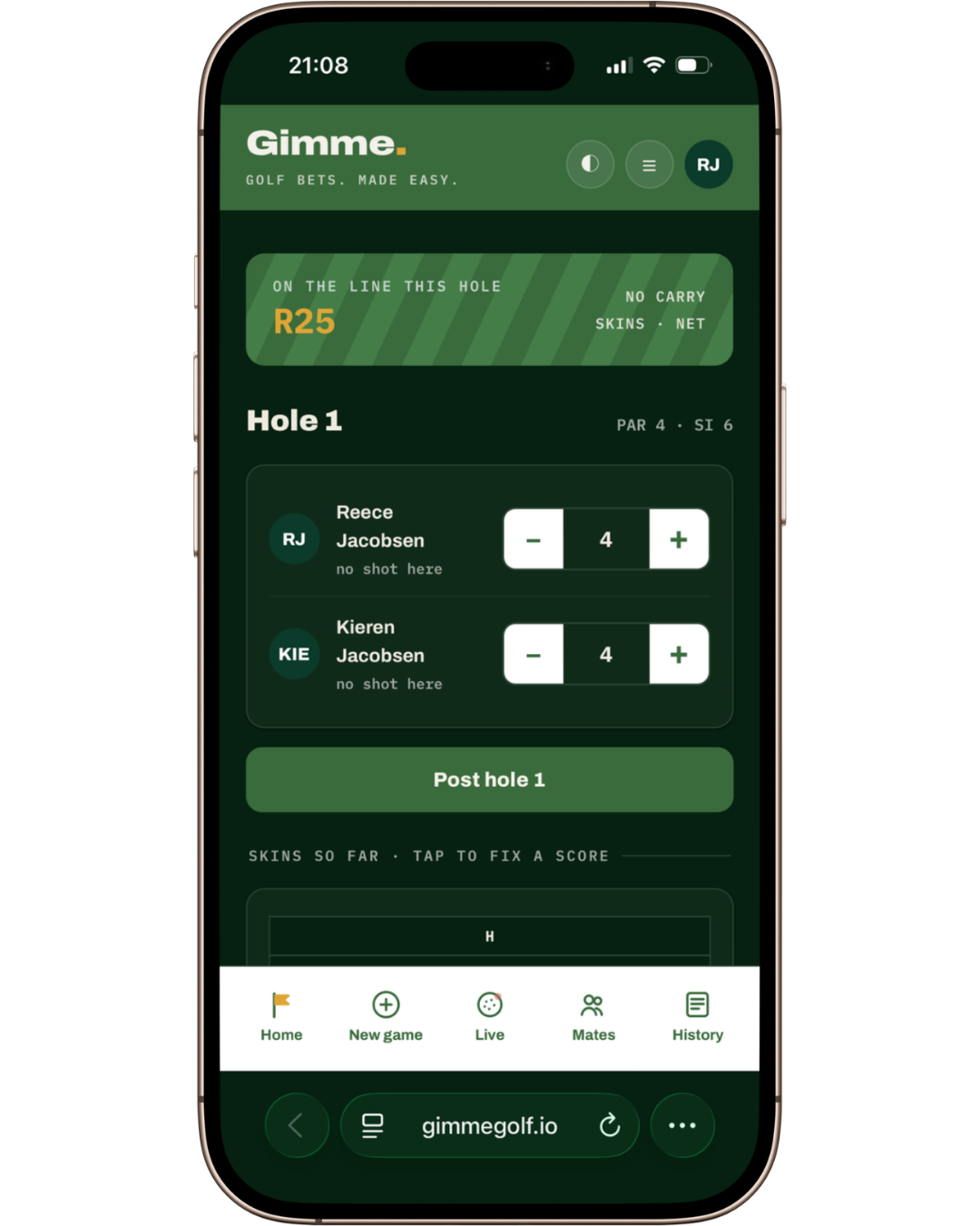 Gimme hole entry screen with live pot indicator