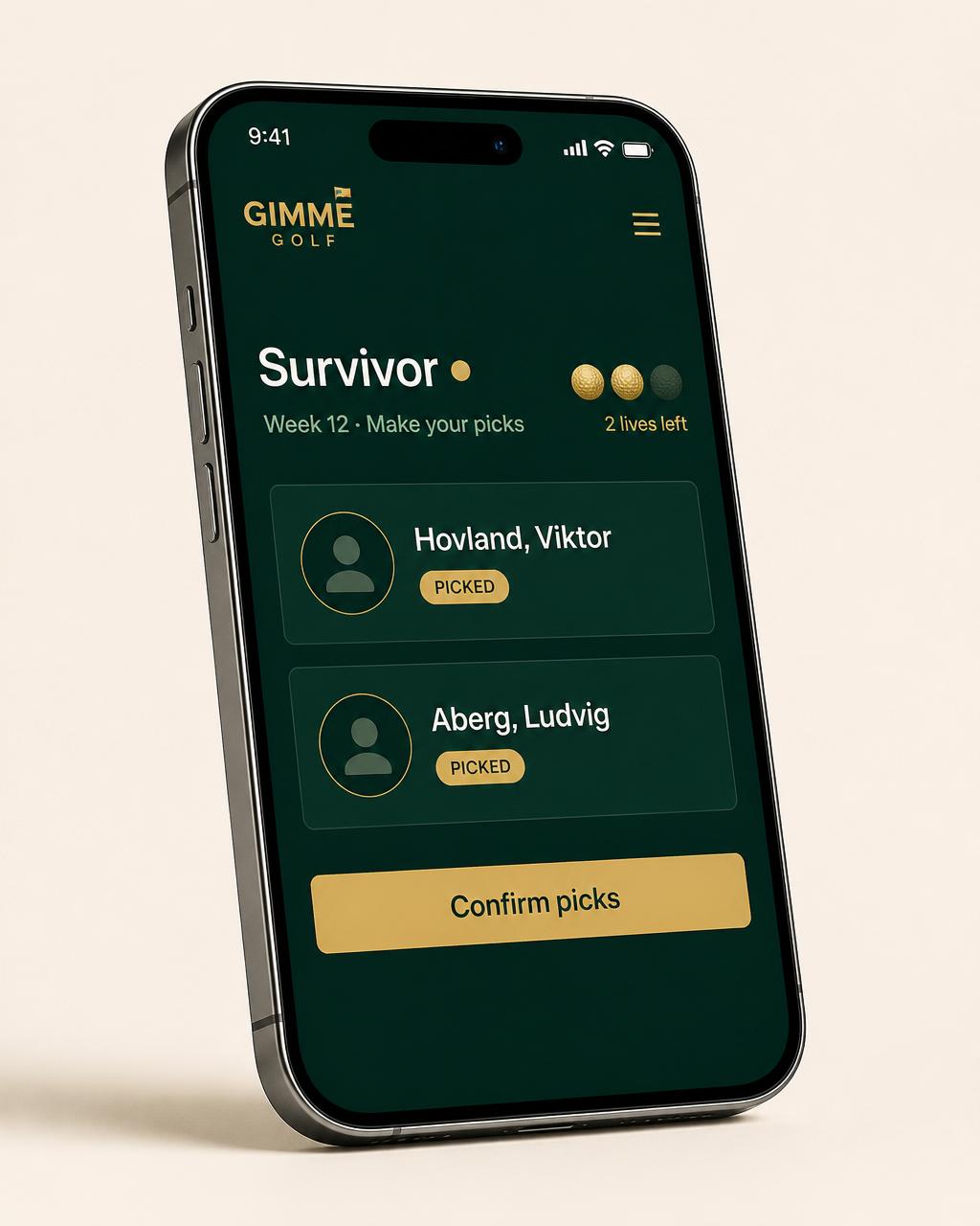 Gimme Survivor screen showing weekly picks with lives left